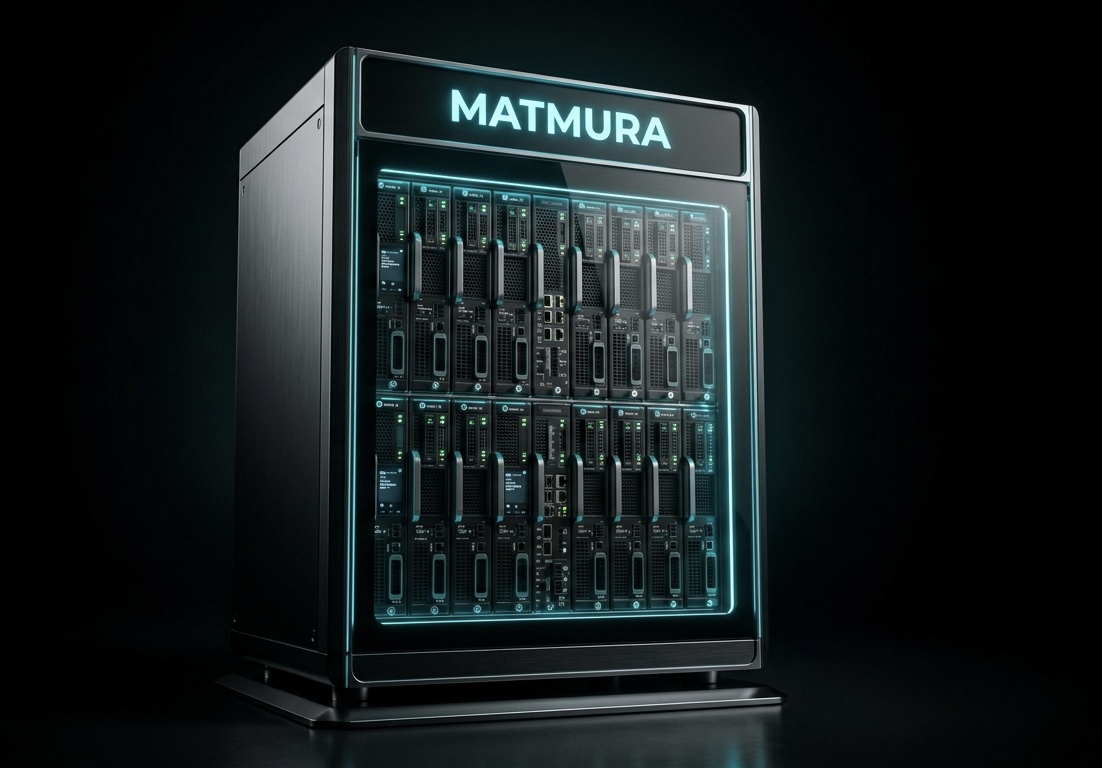 Matmura, appliance d'IA souveraine, châssis noir au cadre lumineux turquoise